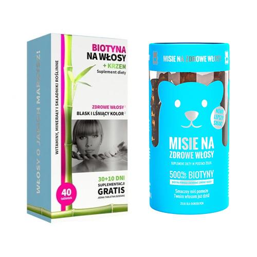 Miniaturka artykułu - Zestaw NOBLE HEALTH Misie na zdrowe włosy żelki, 300g + Biotyna na włosy + Krzem, 40 tabletek