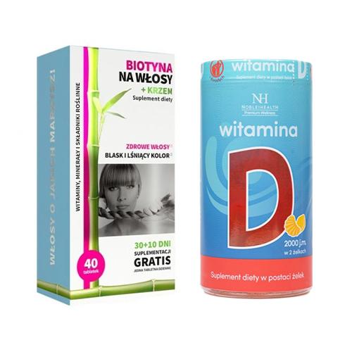 Miniaturka artykułu - Zestaw NOBLE HEALTH Witamina D Żelki, 60szt. + Biotyna na włosy + Krzem, 40 tabletek