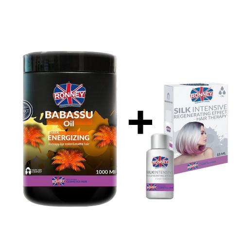 Miniaturka artykułu - Zestaw RONNEY Maska energetyzująca olej babassu, 1000ml + SILK INTENSIVE Olejek do włosów z jedwabiem, 15ml