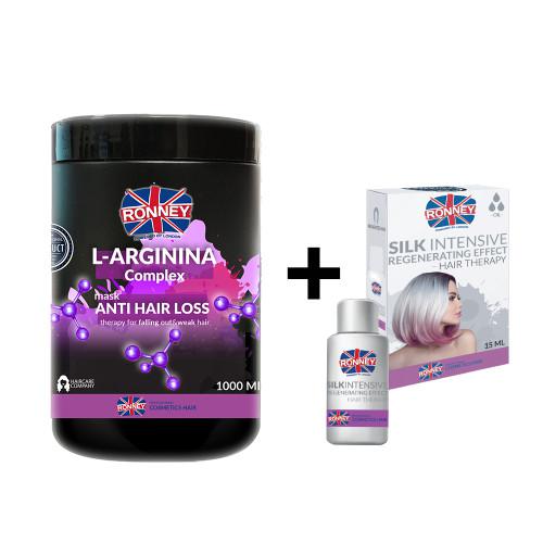 Miniaturka artykułu - Zestaw RONNEY Maska przeciw wypadaniu włosów L-Arginina, 1000ml + SILK INTENSIVE Olejek do włosów z jedwabiem, 15ml