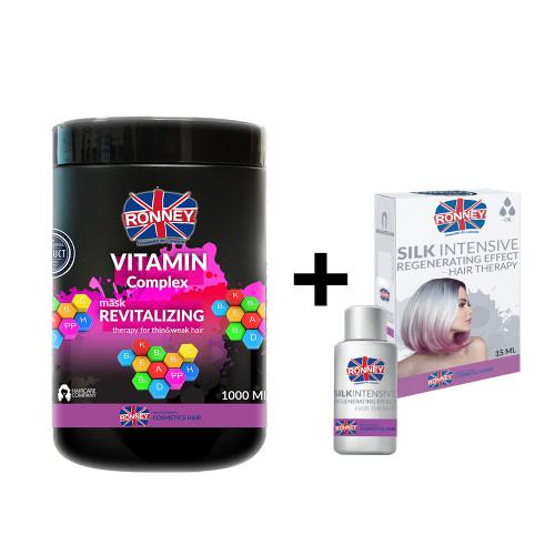 Miniaturka artykułu - Zestaw RONNEY Maska rewitalizująca Vitamin, 1000ml + SILK INTENSIVE Olejek do włosów z jedwabiem, 15ml