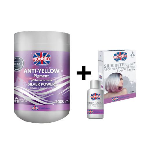 Miniaturka artykułu - Zestaw RONNEY Srebrna maska do włosów anti-yellow pigment, 1000ml + SILK INTENSIVE Olejek do włosów z jedwabiem, 15ml