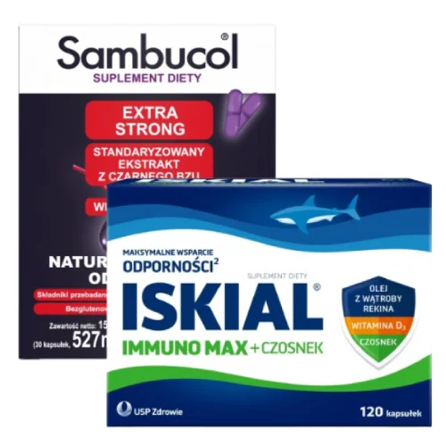 Miniaturka artykułu - Zestaw SAMBUCOL Extra Strong, 30 kapsułek + Iskial Max Czosnek, 120 kapsułek