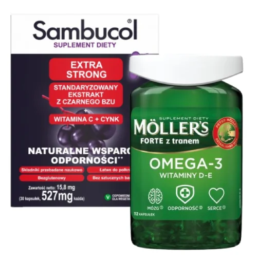 Miniaturka artykułu - Zestaw SAMBUCOL Extra Strong, 30 kapsułek  + Mollers FORTE Tran Norweski, 112 kapsułek