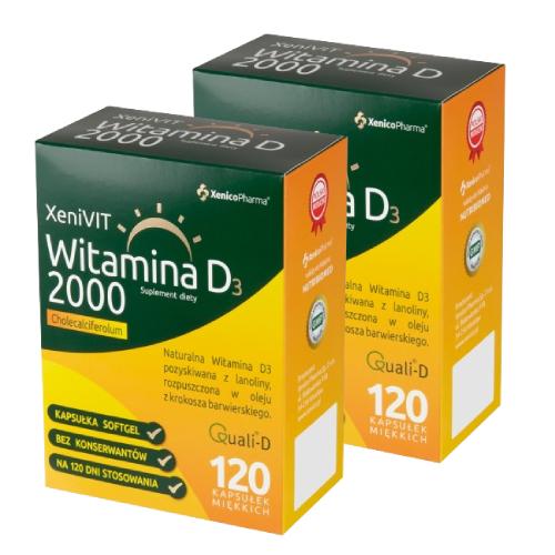 Miniaturka artykułu - Zestaw suplement&oacute;w XeniVIT Witamina D 2000, 2x 120 kapsułek