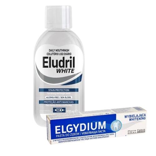 Miniaturka artykułu - Zestaw wybielający Eludril WHITE Płyn do płukania jamy ustnej, 500 ml + ELGYDIUM Pasta do zębów wybielająca, 75 ml