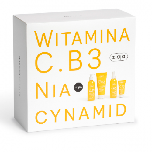 Miniaturka artykułu - ZIAJA Zestaw okolicznościowy Witamina C.B3 Niacynamid Krem na przebudzenie, 50ml + Balsam do ciała, 200ml + Tonik przed i po makijażu, 190ml + Żel oczyszczający do twarzy, 190ml USZKODZONE OPAKOWANIE TEKTUROWE